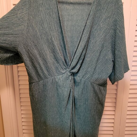 All In Favor Dolman Plissé Midi Dress w Center Twist Knot Deep V Neckline XXL GR - Picture 2 of 10